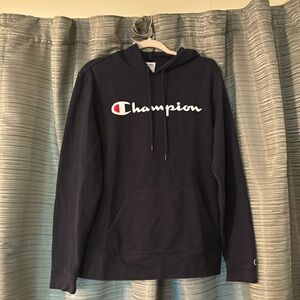 Champion Powerblend Hoodie, Script Logo. Color: Navy. Size: M.